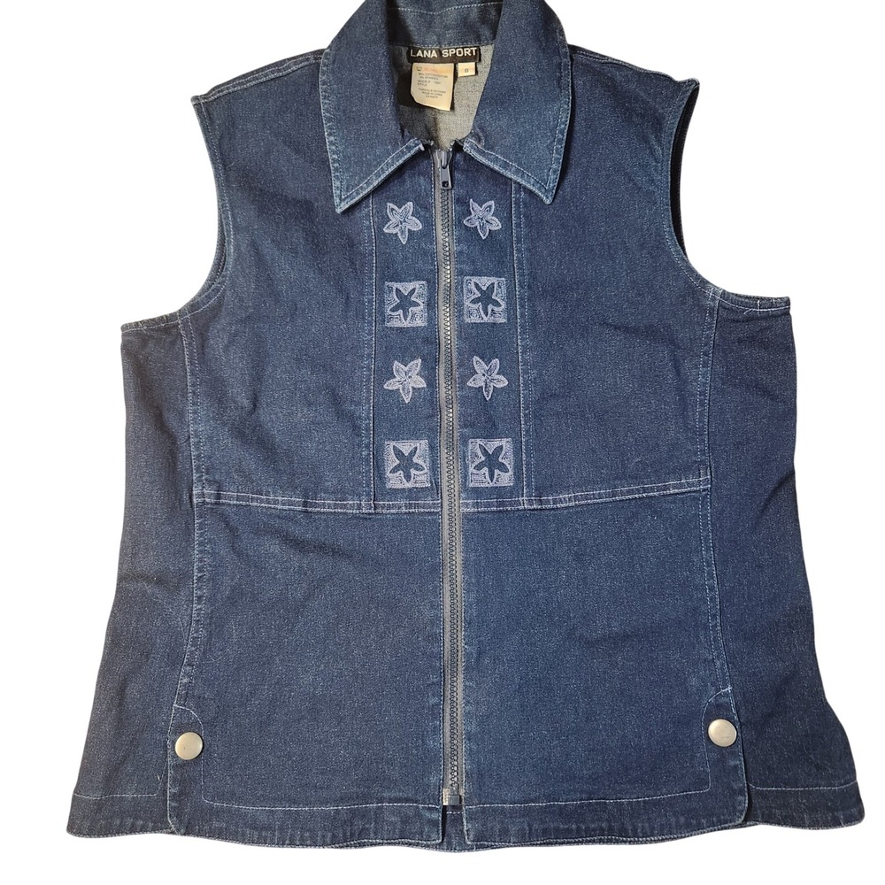 Lana‎ Sport Vintage Blue Denim Vest Embroidered Floral Star Zip Up 8 grannycore